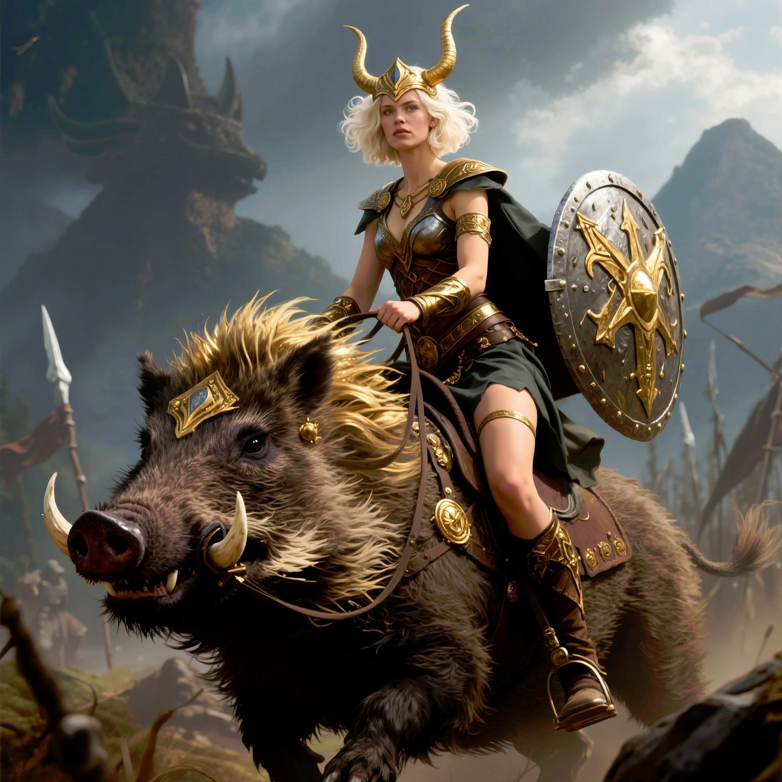 Freyja on her Battle-Boar Hildisvini