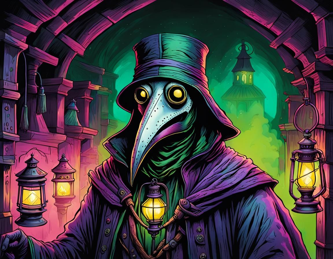 During the Black Death. Ridiculous plague doctor in an under...