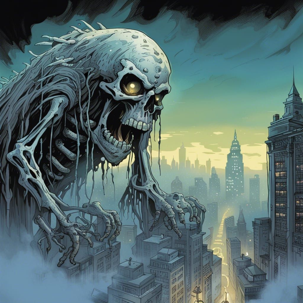 Gargantuan skeleton monster peering down at a fog covered ci...