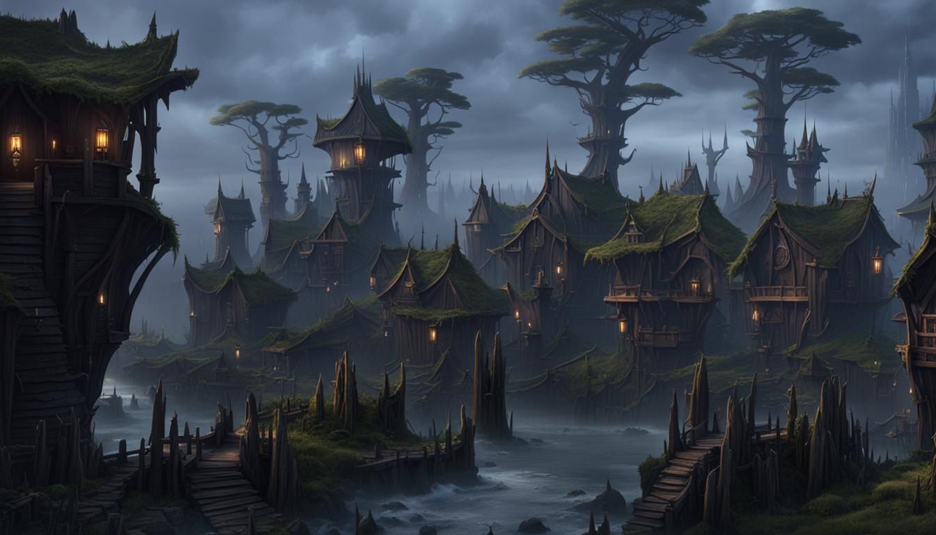 Dark Fantasy Goblin City Located On A Small Hill Surrounded By A Swamp 