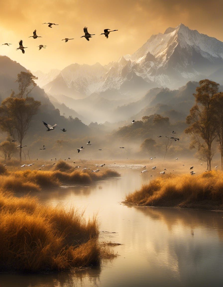  American mountain scene with cranes flying through sky  by @Char