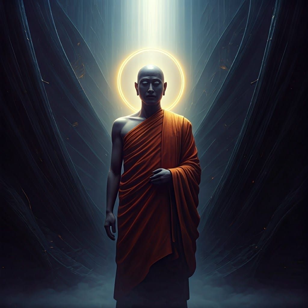Serene Buddhist Monk in Surreal Mystical Landscape