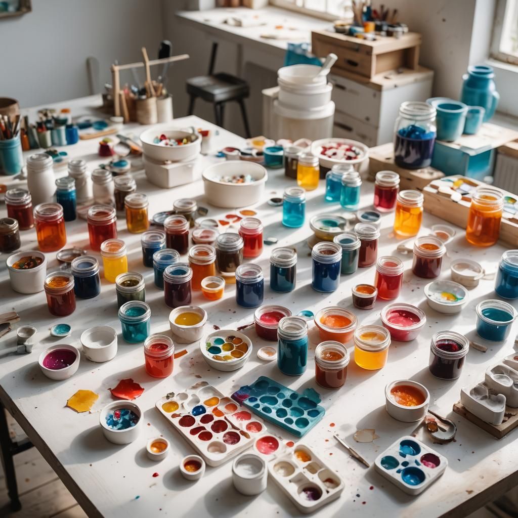 a workshop table with resin tools. Molds of shapes, and jars with colored dye. on a table, white color, lots of light