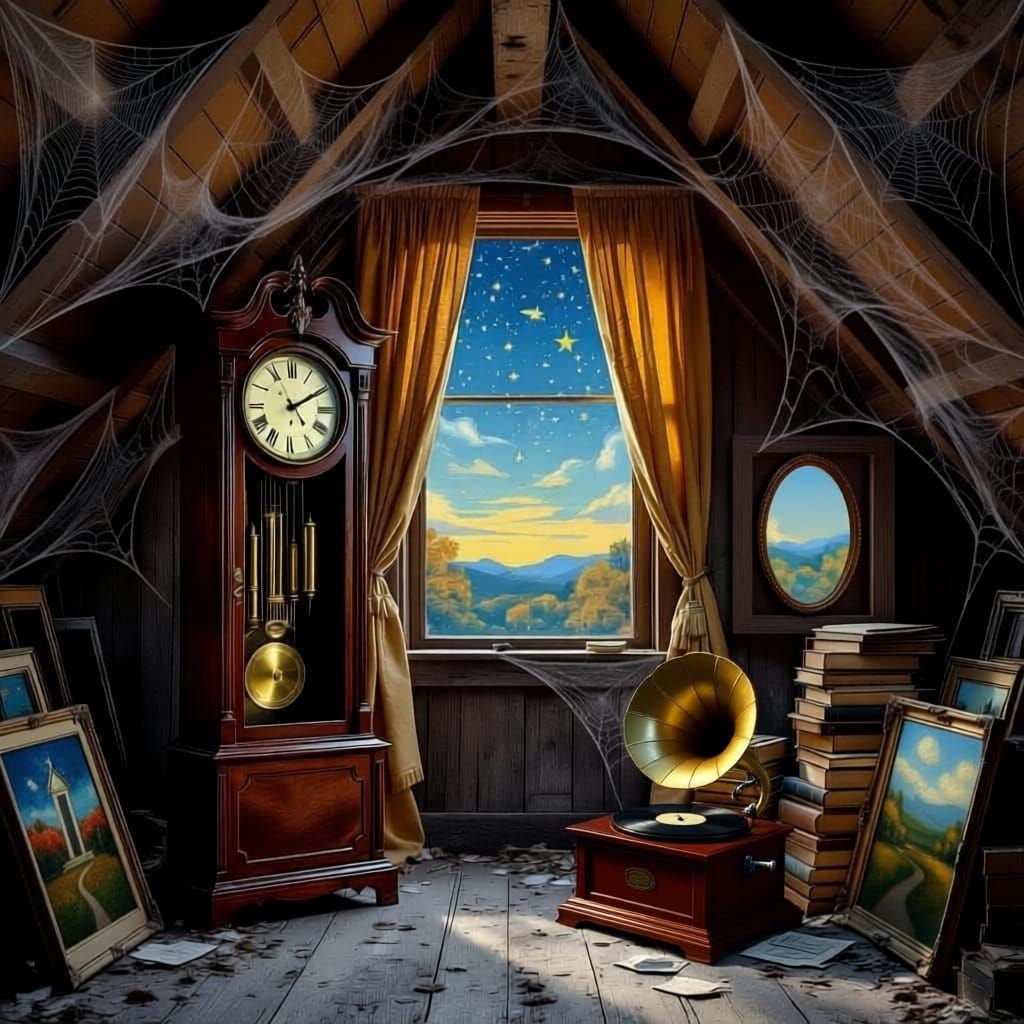 A lone, tall slender grandfather clock remains in an abandoned attic with a single dirty dormer window and a pair of frayed, torn curtains. ...