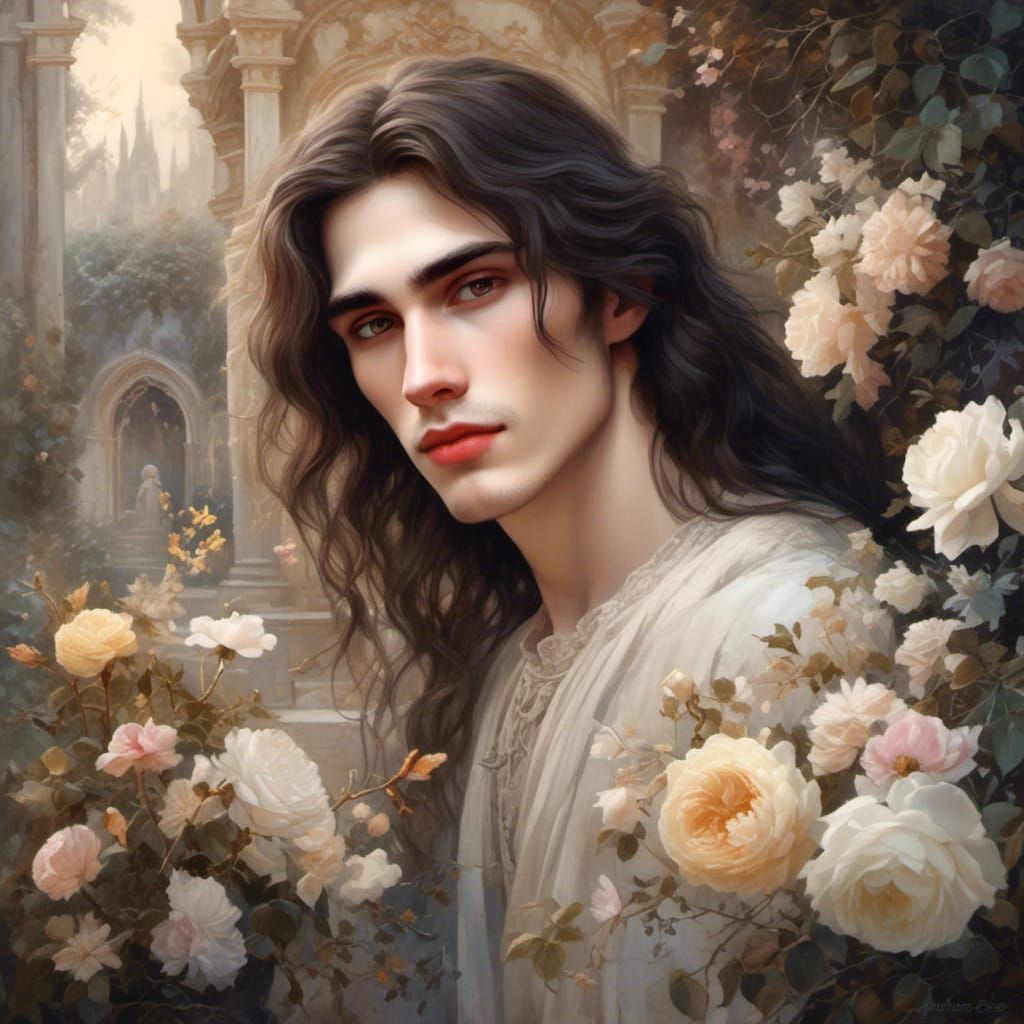 <lora:Fairytale dark:1.0> Very pale skin young lean man with dark brown hair, long hair,  old painting style, flowers, very light colors, go...
