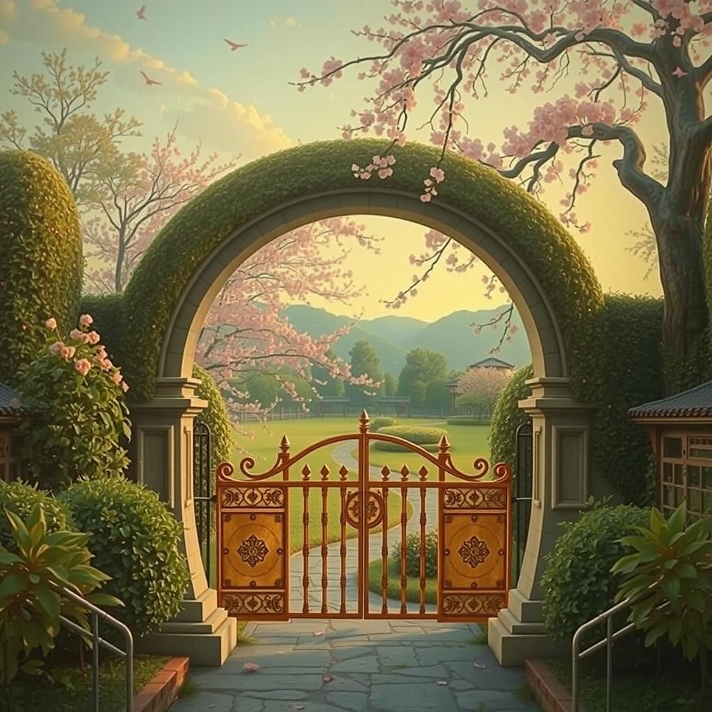 (A cherry blossom tree in the center of a secret garden.10.0...