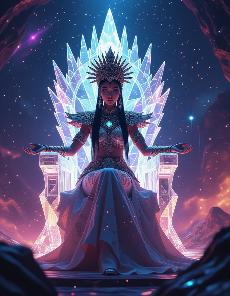 A majestic Hmong woman adore in scales crafted from pure energy and stardust, perches atop a crystalline throne floating in a vibrant, chaot...