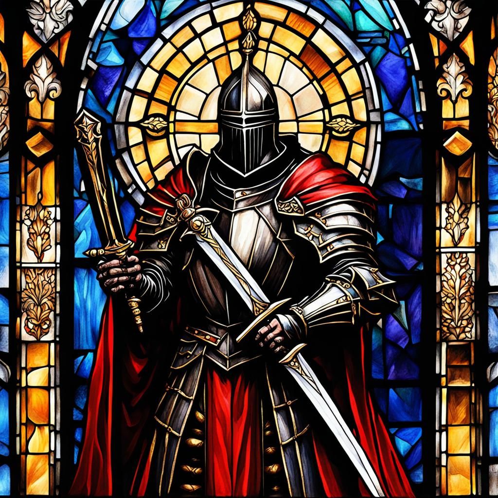 Gothic Knight with Enchanted Sword in Stained Glass Style