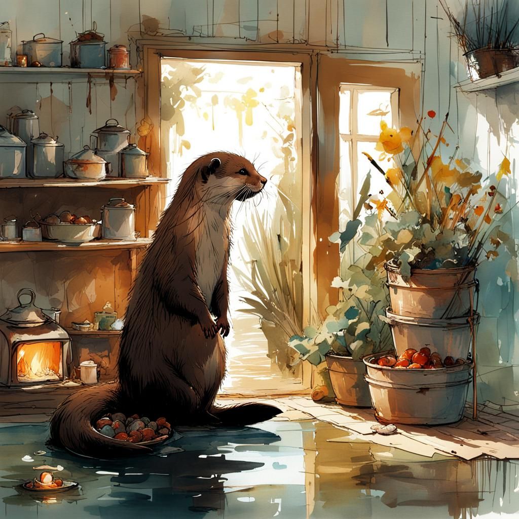 Otter Visits Pond House in Watercolor Splash Art