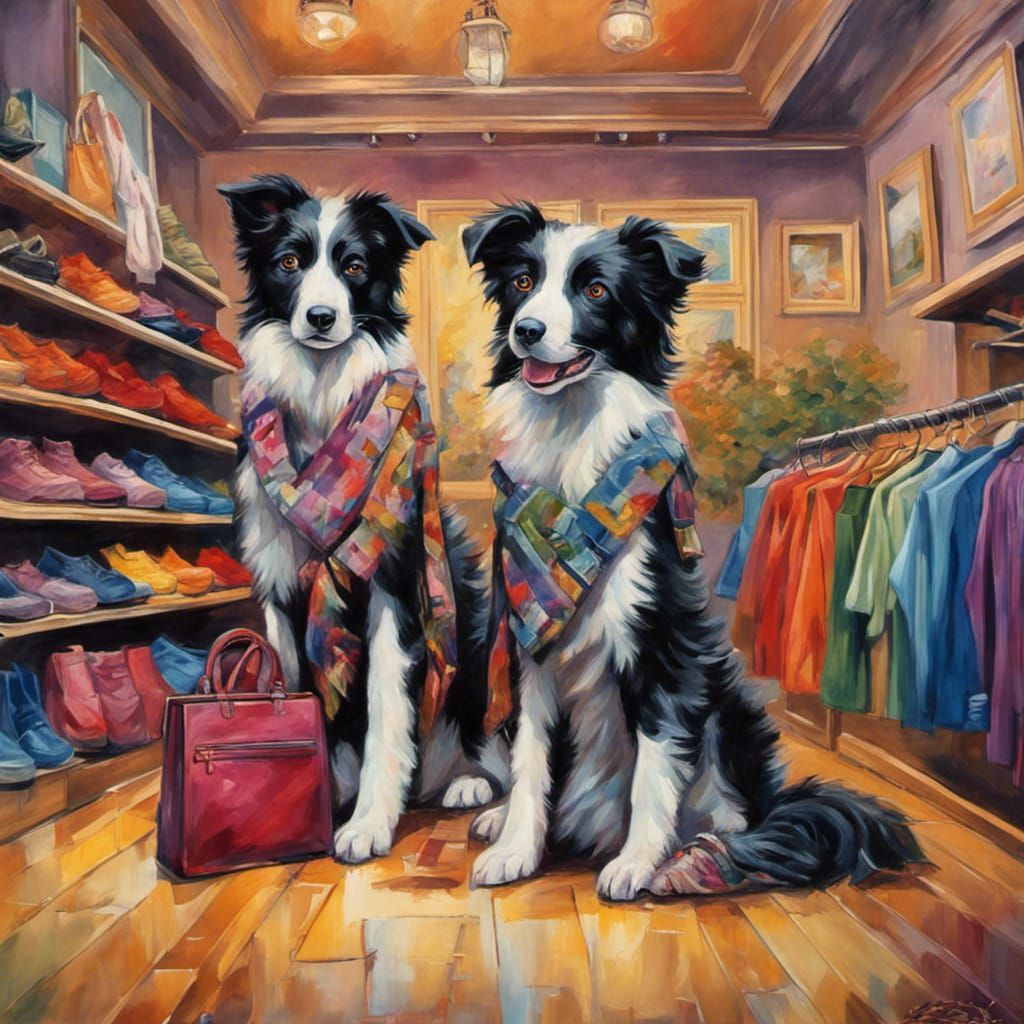 Border Collie’s trying on new scarves in a clothes shop - AI Generated