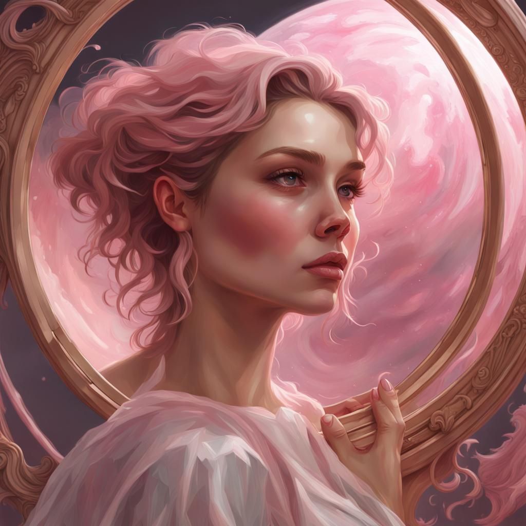 A Beautiful Lady And A Mirror Holding A Pink Planet Looking At It Oil