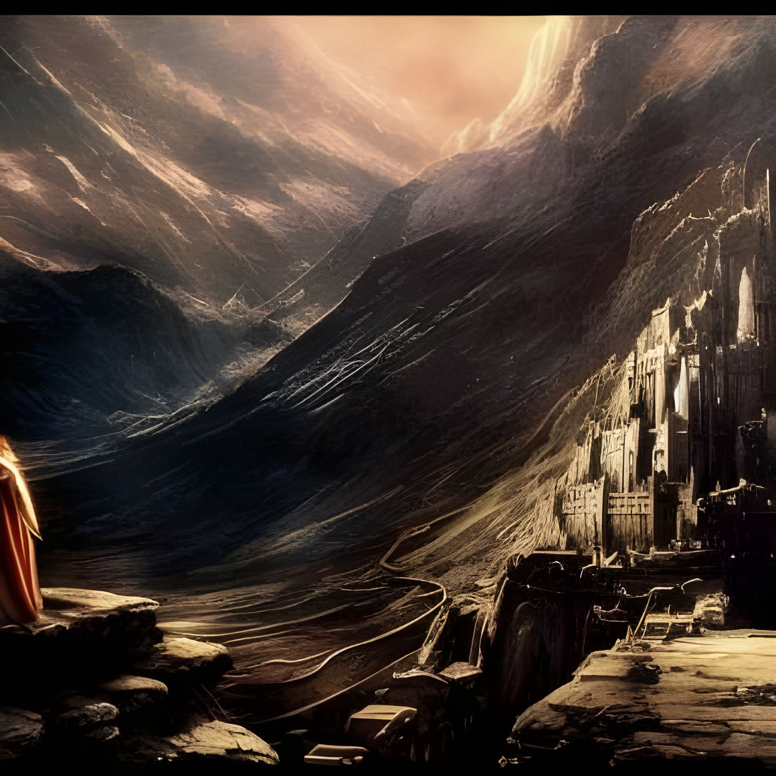 Portrait of Gondolin in Middle-Earth interpreted through an Alan Lee style.