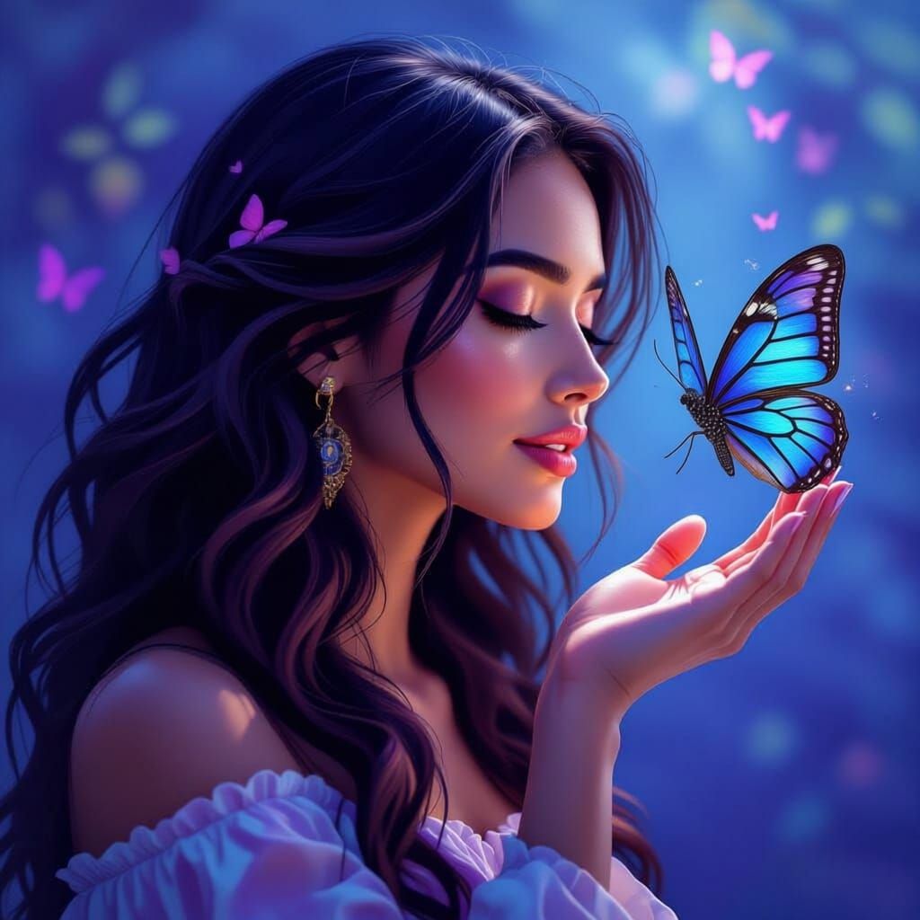 a portrait of a hispanic lady, side view of her face, with long wavy hair flowing. A butterfly lights on her outstretched hand.  The colors ...