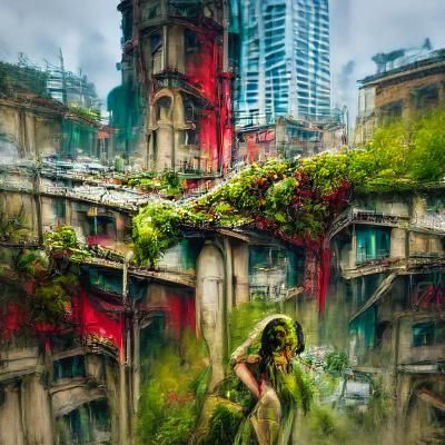 Overgrown city covered in vines and moss by Greg Rutkowski P...