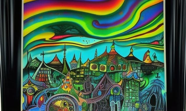 City lights, Tim Burton deep color psychedelic art undergrou...