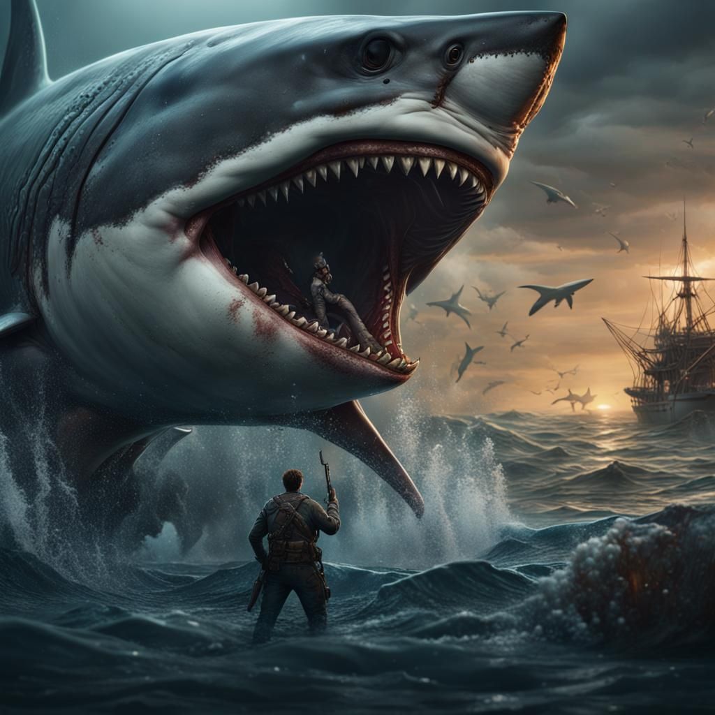 A nightmare of a Man hunting shark. - AI Generated Artwork - NightCafe ...