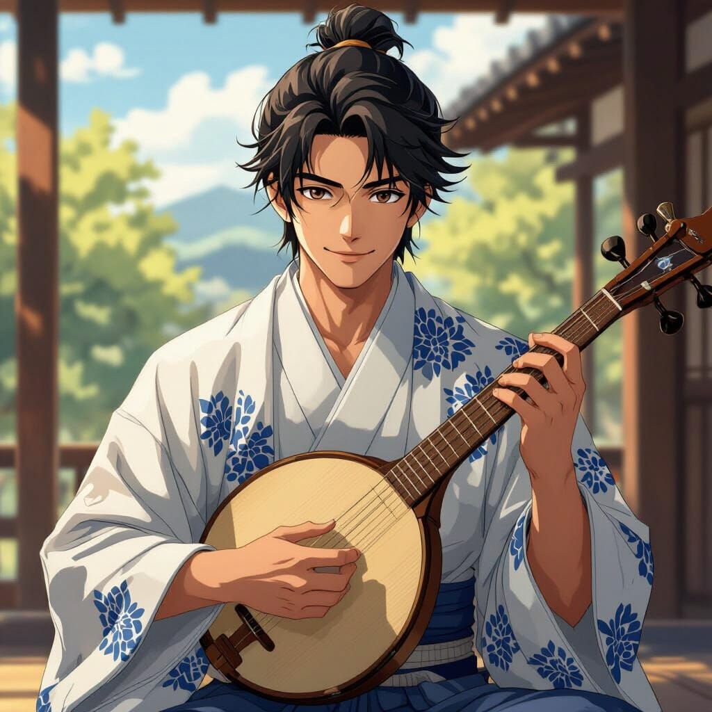 Portrait of a young handsome Japanese man of old feudal Japan, wearing a white Kimono with blue pattern. He is playing a Biwa and has an all...