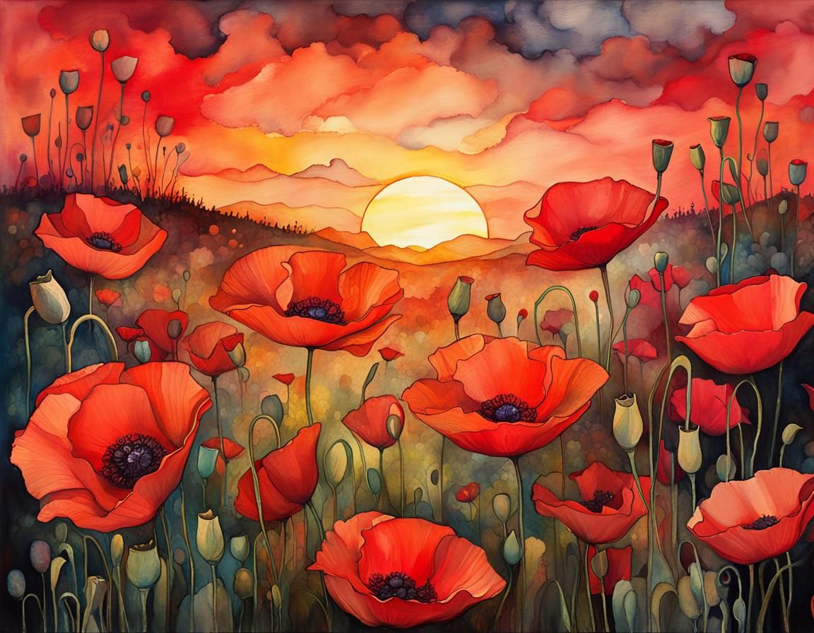 Watercolor Poppies at Sunrise  by @Jen