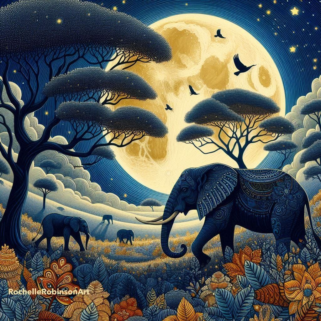 Elephant Walking In The Moonlight