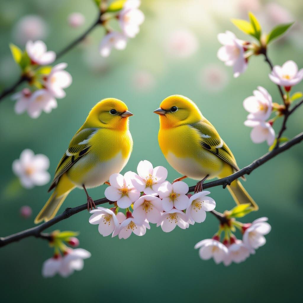 Two canary on a cherry blossom branch. 