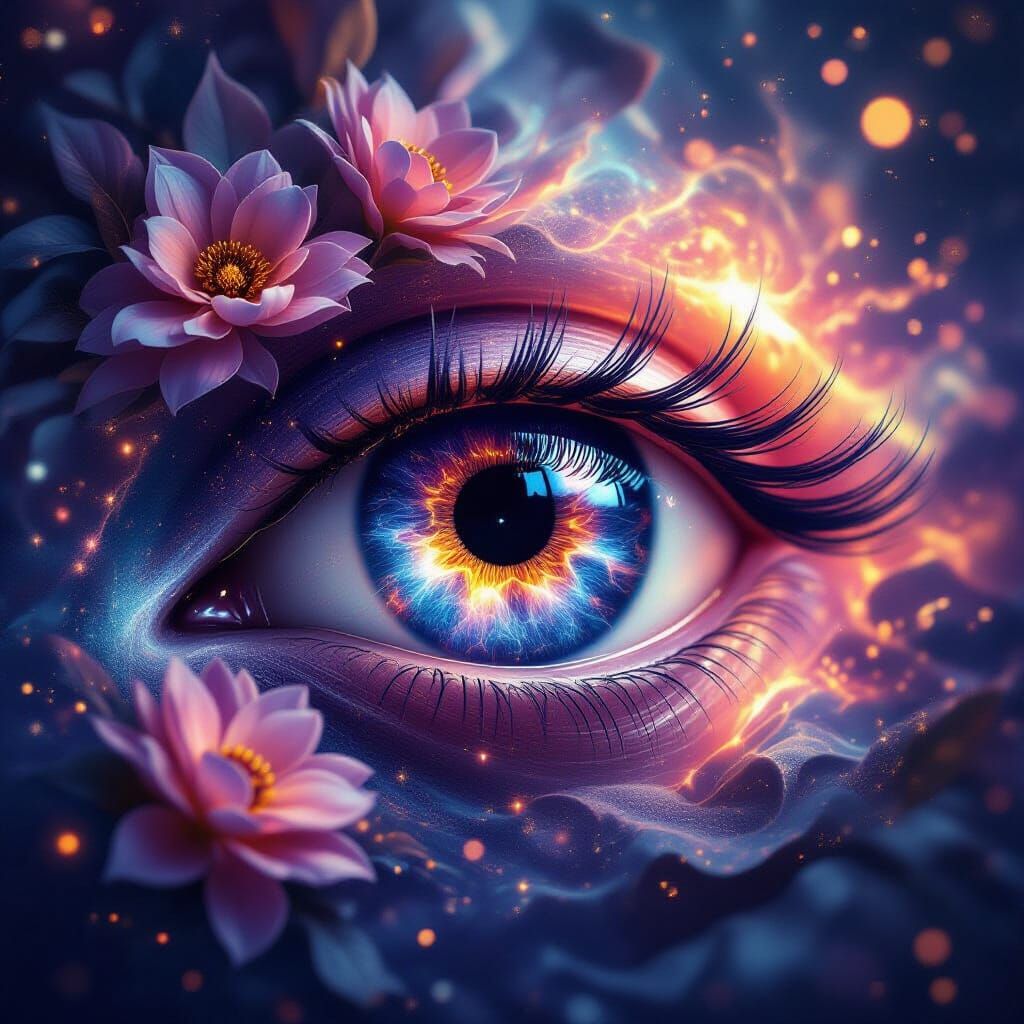 A cosmic goddess eye blooming into a nebula of radiant flowers and galactic textures, iris swirling with stardust and auroras, lashes transf...