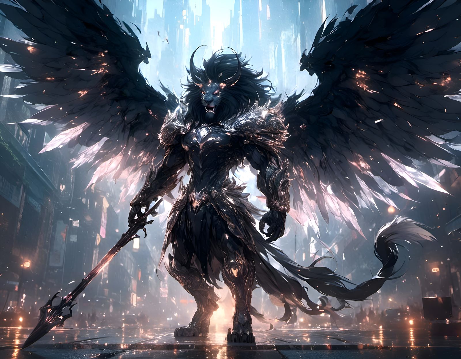 <lora:Animation:1.0> <lora:Battle Armor Weapons:1.0> A angelic mythical lion with spreading arms with glowing intricate transparent wings, s...