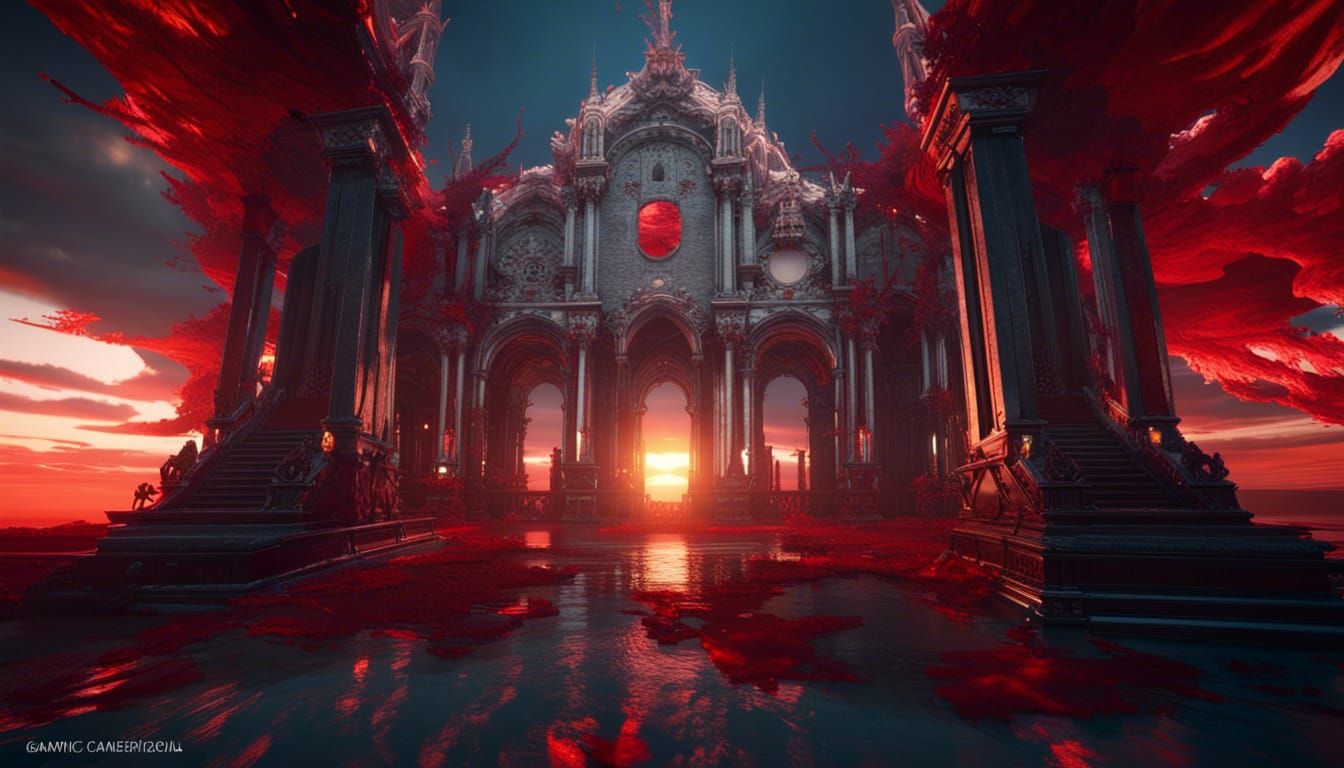 Blood Sunset Over Ruined Heavenly Realm in 3D