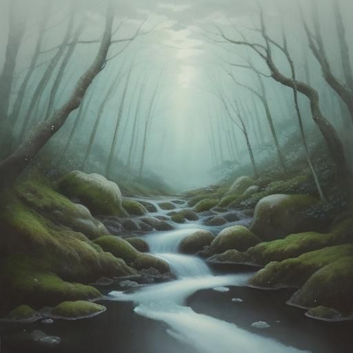 Serene Mossy Forest Stream in Japanese Watercolor