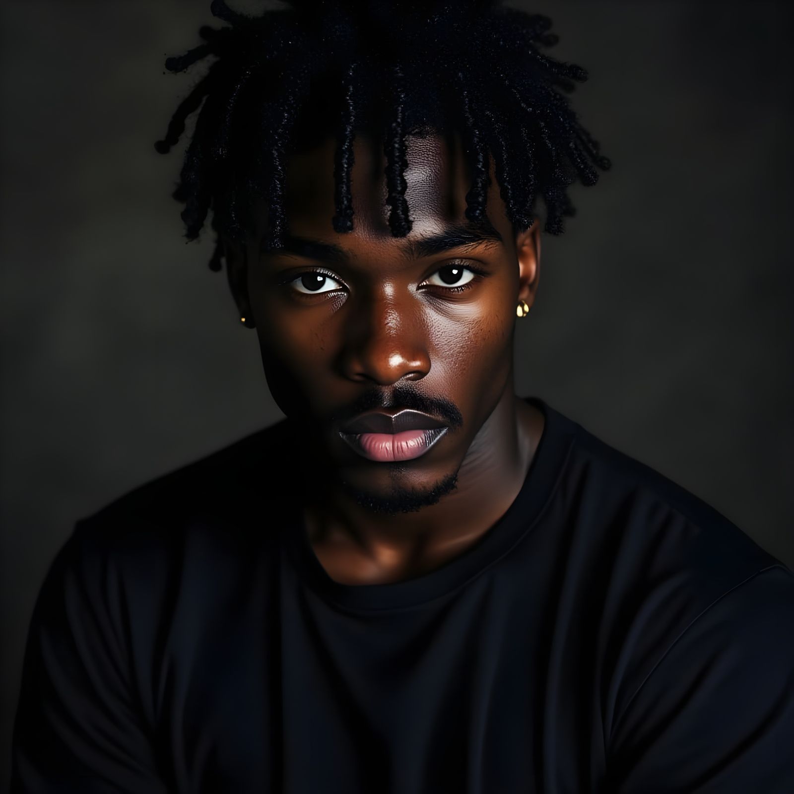 <lora:Surrealistic:1.0> A magnetic Black antihero with deep brown skin, piercing eyes, sharp jawline and intense, smoldering gaze, framed by...