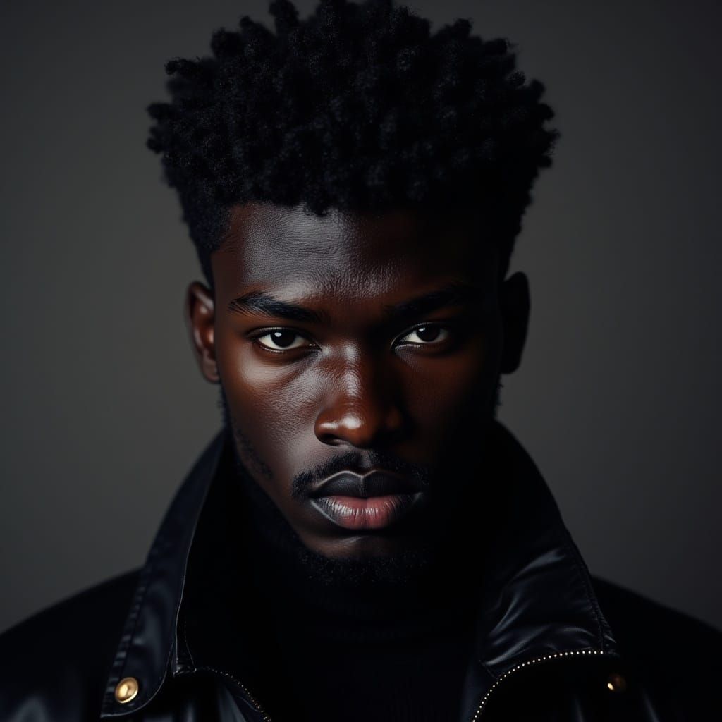 <lora:Surrealistic:1.0> A magnetic Black antihero with deep brown skin, piercing eyes, sharp jawline and intense, smoldering gaze, framed by...