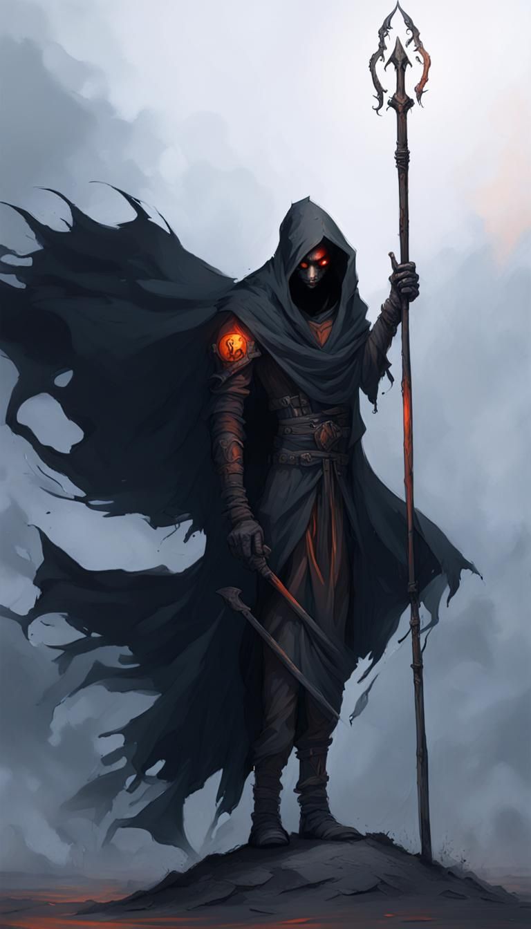 An art deco full body shot of a shadowy undead wraith warrio...