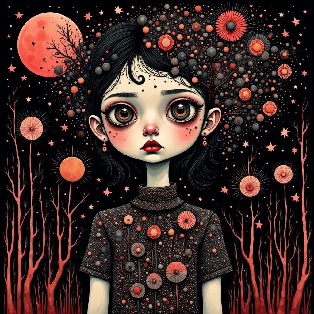 <lora:MF:1.0>A girl grunge punk fashion high street at night in zentangle art brut style; the palette primarily consists in Black bean, Dri...