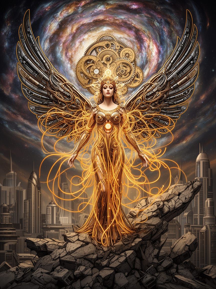 A majestic goddess adorned with (((Rainbow  Light  in color and Gossamer Wings Transparent Soft ))), her form intertwined with glowing circu...