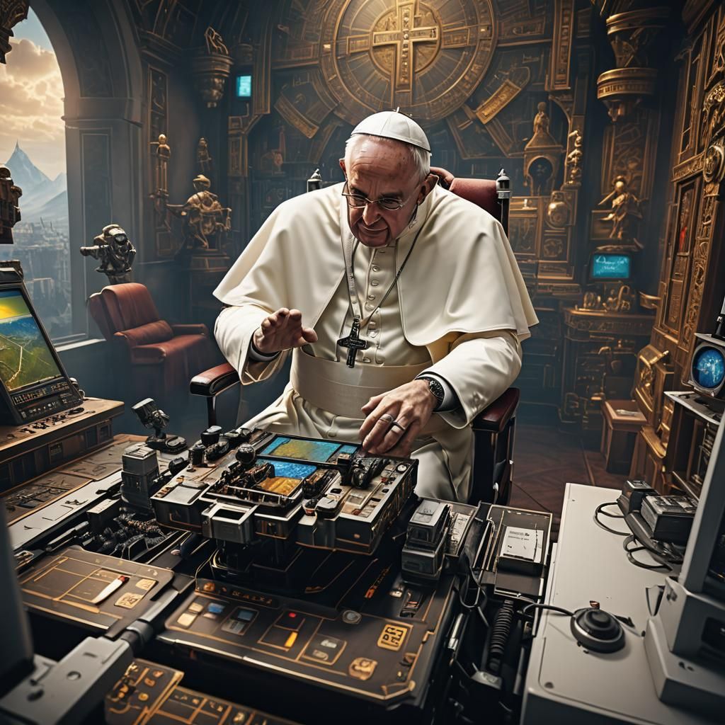 pope playing a flight simulator on his computer