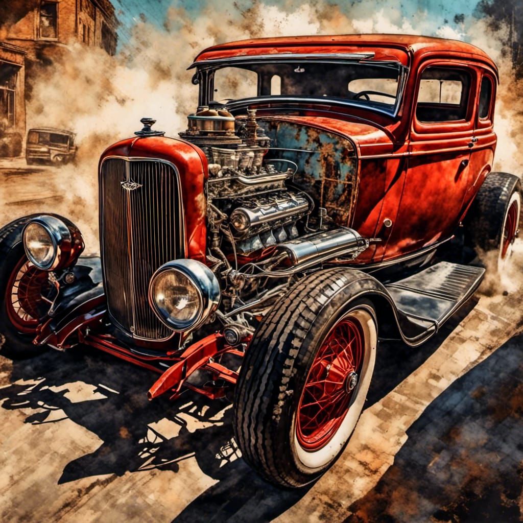 1930s hotrod revving beautiful high-performance engine, street racing, dynamic action, action pose; intricate details, immense details, phot...