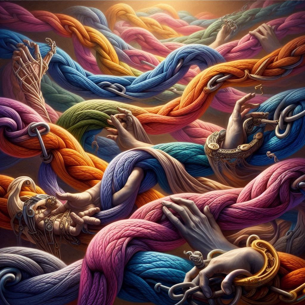 The chains are velvet, soft and sweet, Wrapped in colors, in every street. We choose our paths with careful grace, But a...