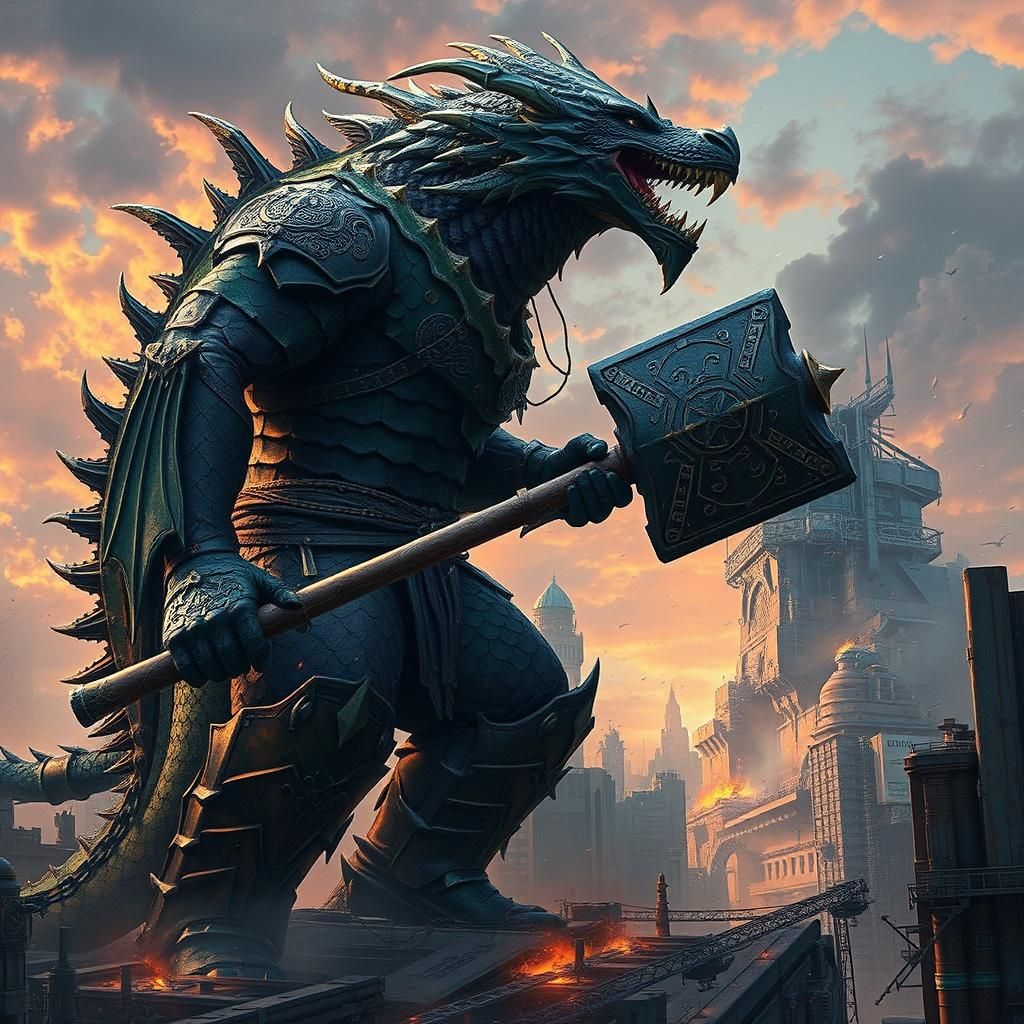 collosal dragonborn warrior bigger than godzilla wearing col...