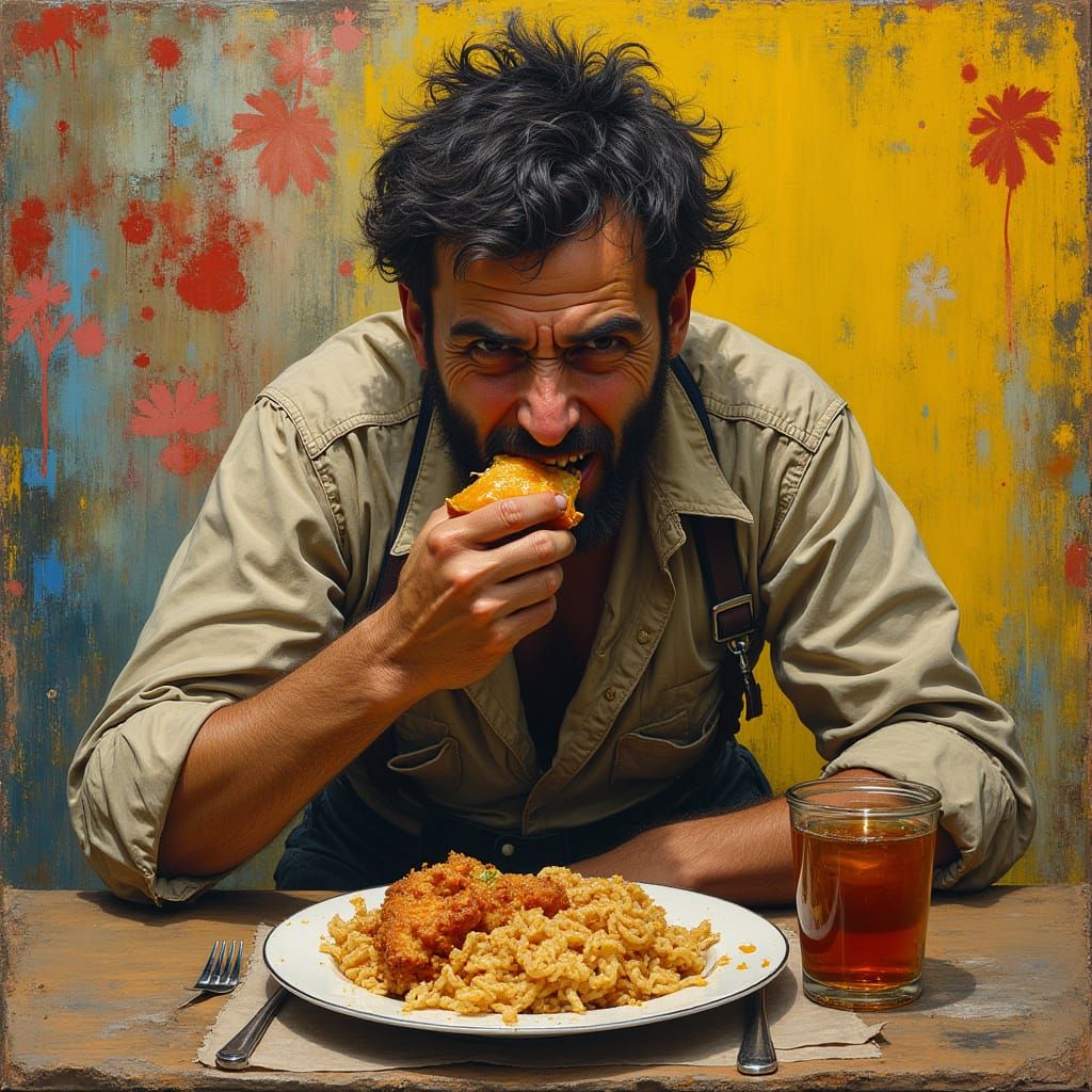 Hungry Man Enjoys Food in Rustic Realism Style