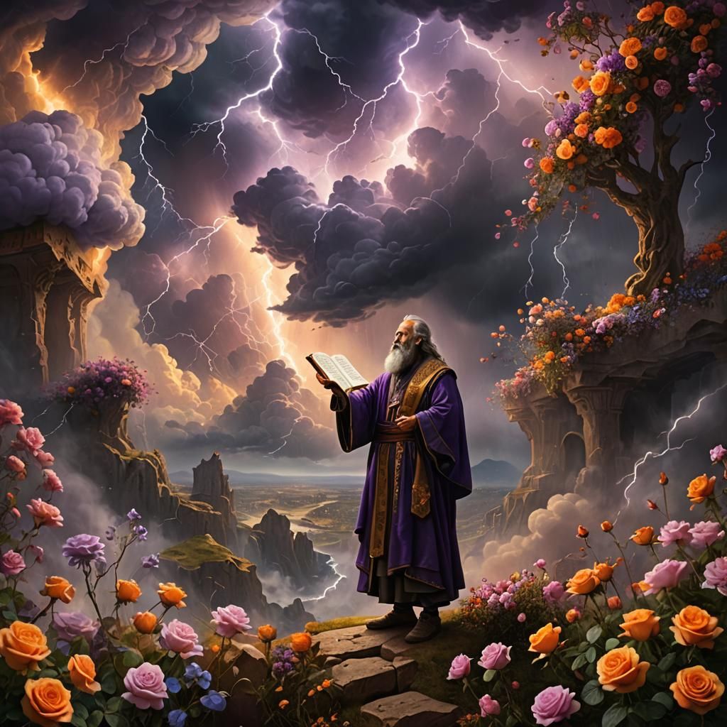 Moses Receives Torah in Stormy, Floral Fantasy Art
