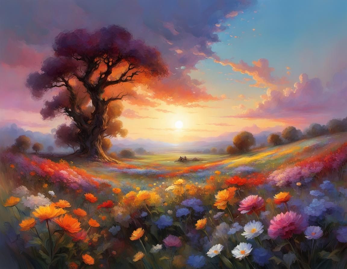 Dawn over a field of flowers. intricately detailed Pino Daen...