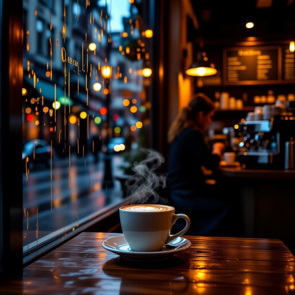 Cozy Coffee Shop in Neon Rain