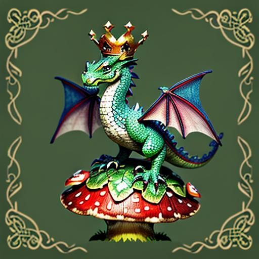 a tiny dragon, adorned with a crown, perched atop a large, v...