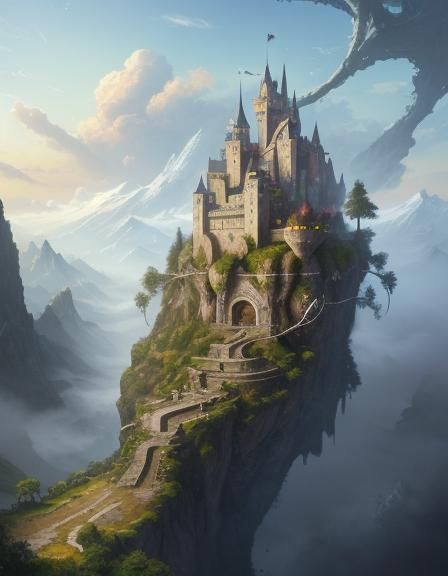 matte illustration, floating island, hanging vines, craggly rock, glossy textures, bright snow, clear skies, mountains in background, a fant...