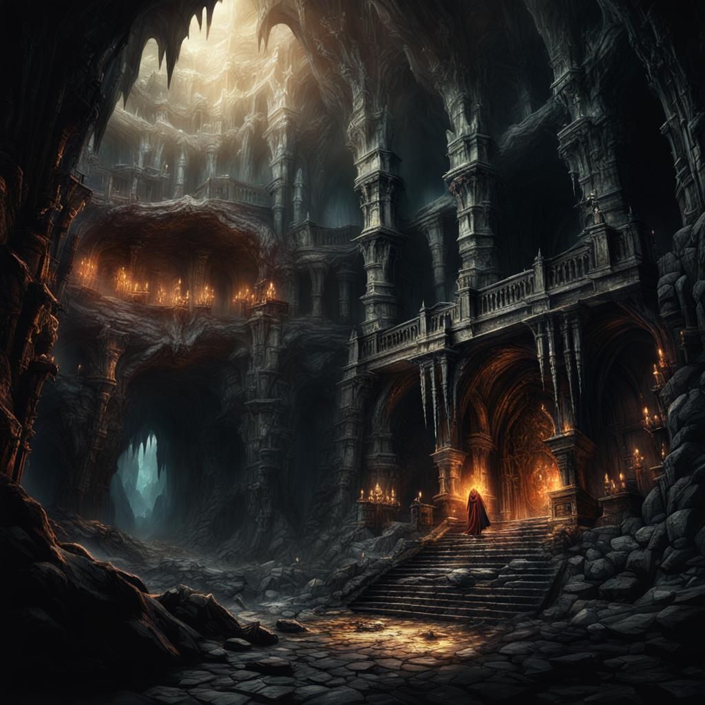 a huge dark souls lair in a cave lots of ominous background ...
