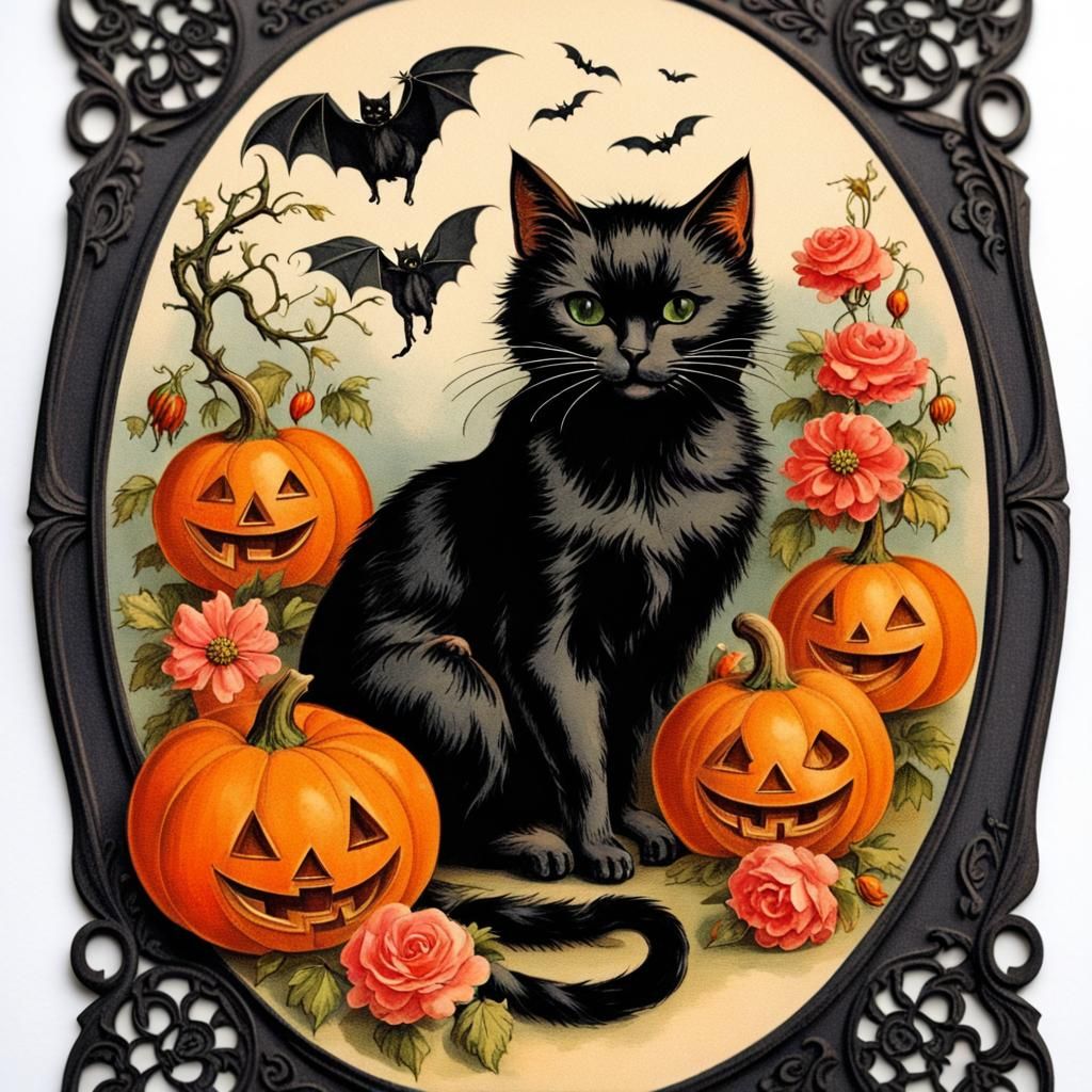 vintage halloween greeting card, beautiful decoupage image, ...