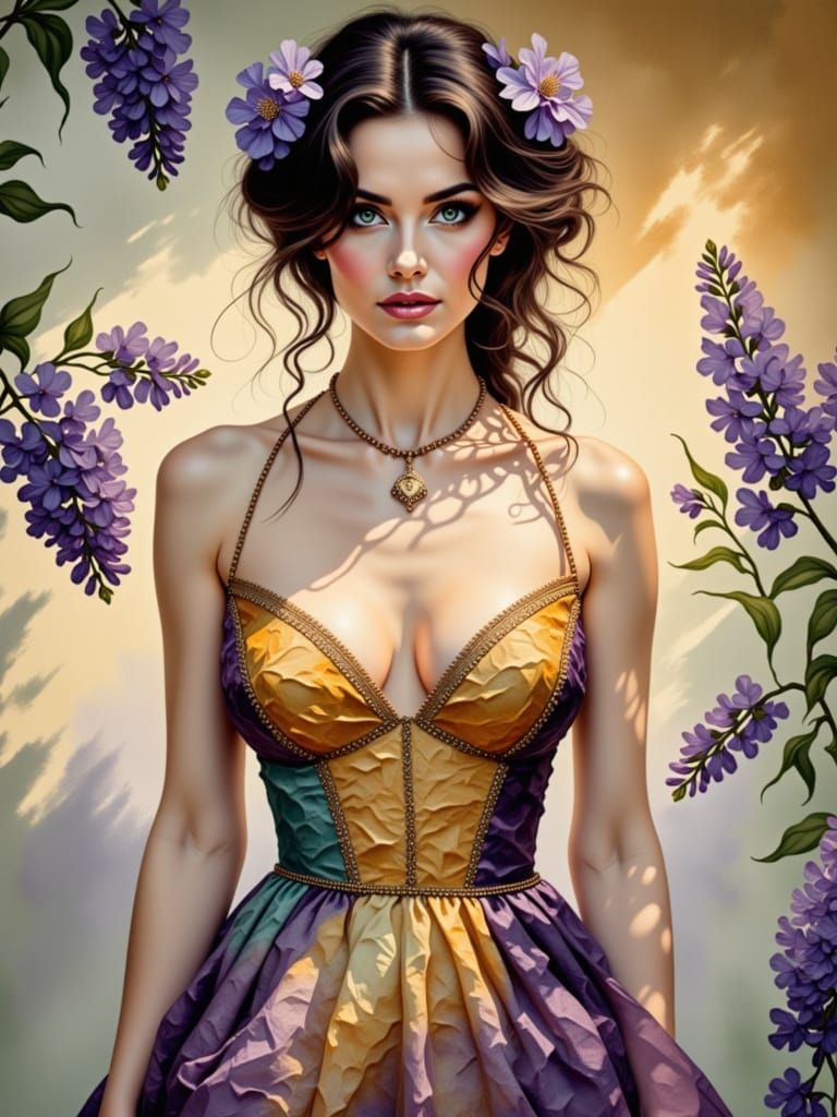 beautiful woman wearing dress/ beauful blue eyes, gorgeous hair <lora:LilaCraft:1.0> lilac, handmade water colors