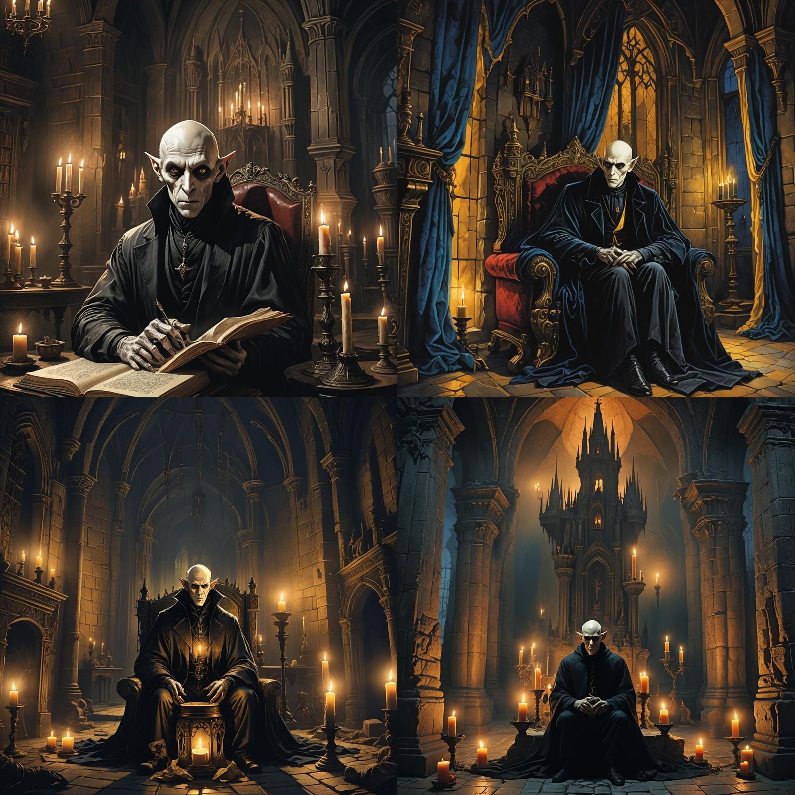 Nosferatu vampire in the candle lit sitting room in his castle