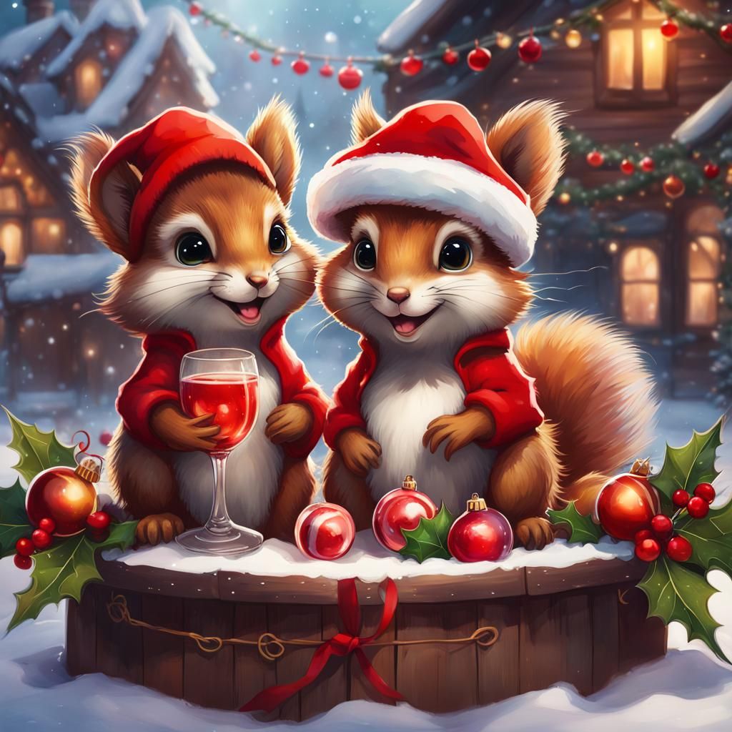 two cute squirrels celebrate Christmas with mulled wine,  by @Dragondrummer