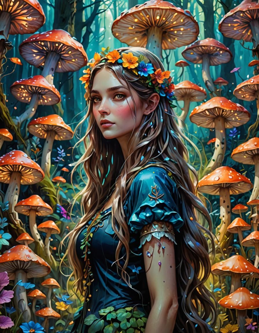 Beautiful fairy in a mushroom forest