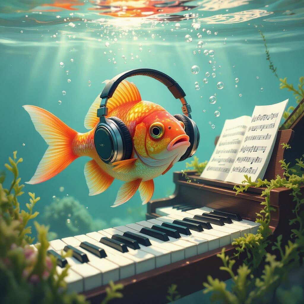 "A small colorful fish learning to play the piano underwater. The piano is fully submerged and covered with details like soft green algae an...